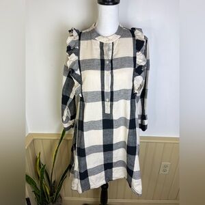 Tribe Alive Plaid Cotton Tunic Dress S Gingham Ruffle Button Front Cottagecore